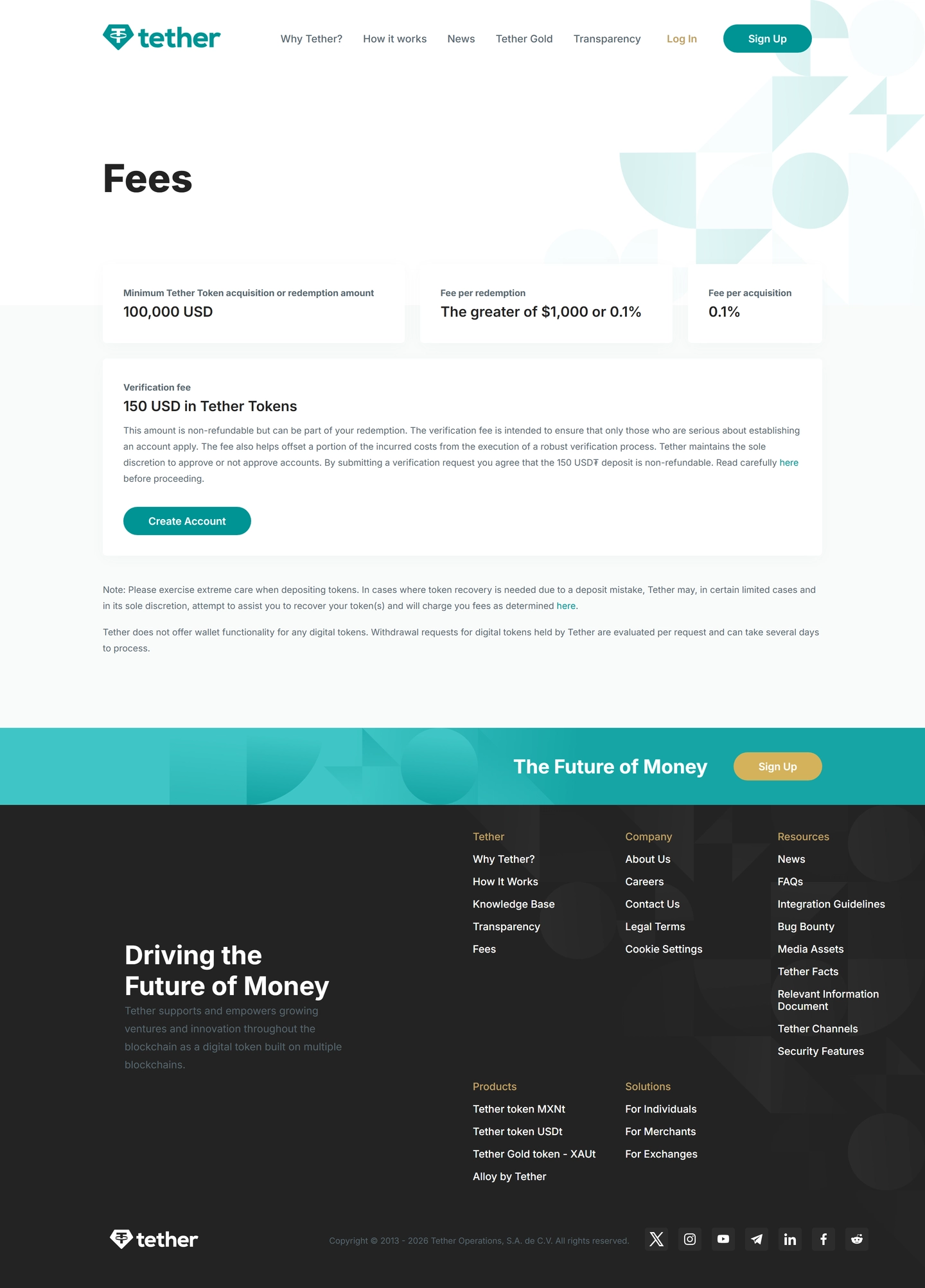 Fee Schedule', 'caption': 'Transparent breakdown of fees associated with the creation and redemption of Tether tokens.